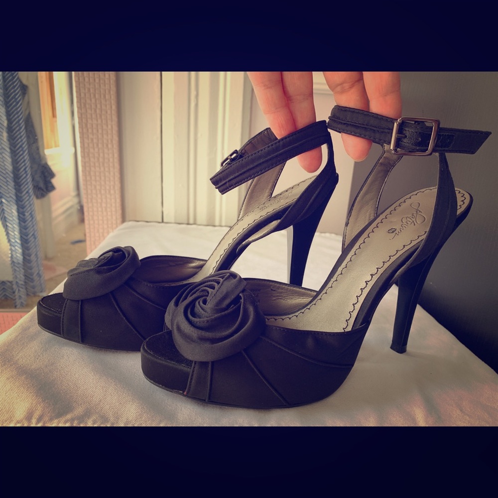 NEW: Black Satin-like Material, Platform Heel